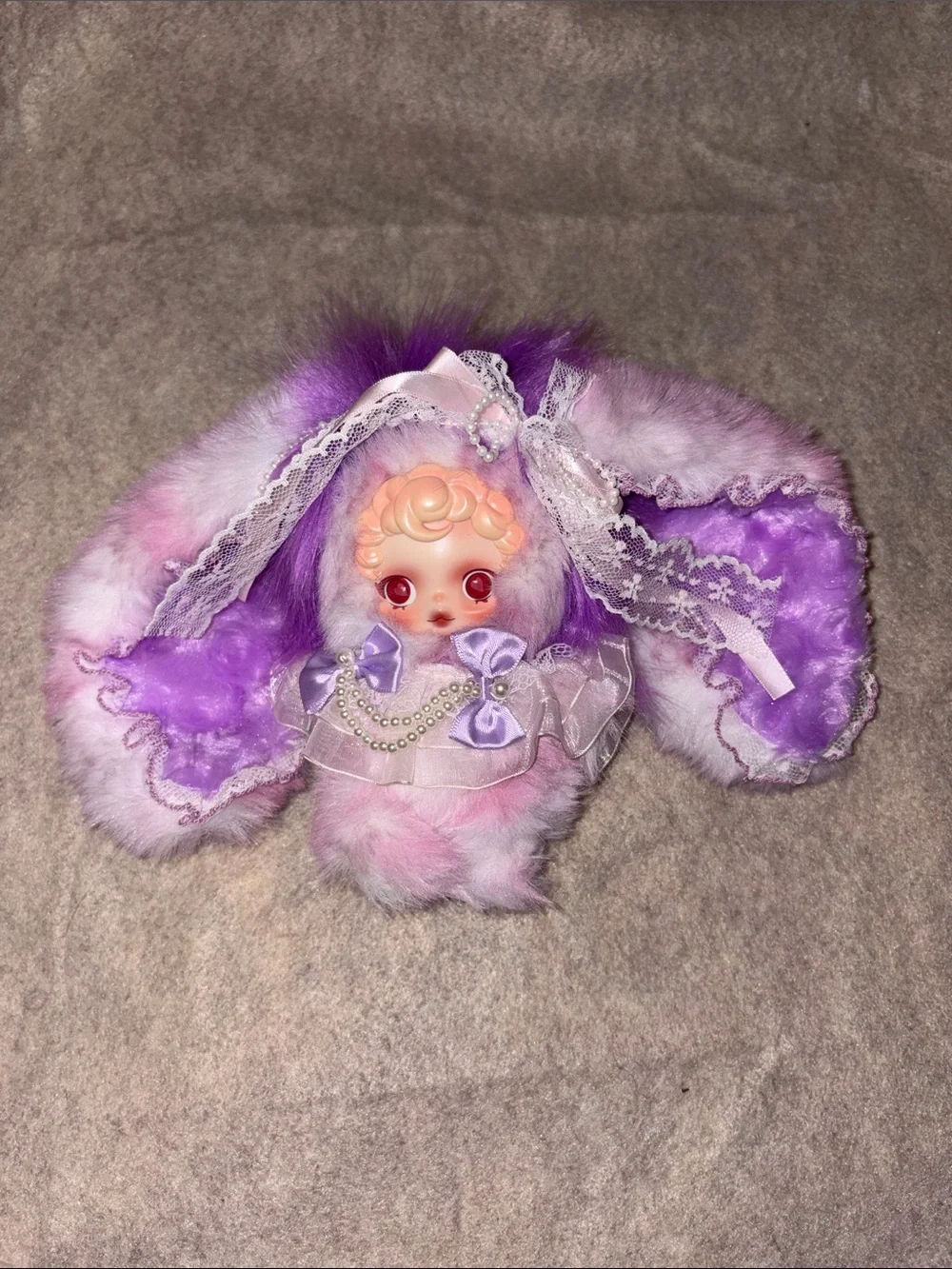 Custom Skull Panda Plush Bunny Pendant - Pink & Purple Faux Fur